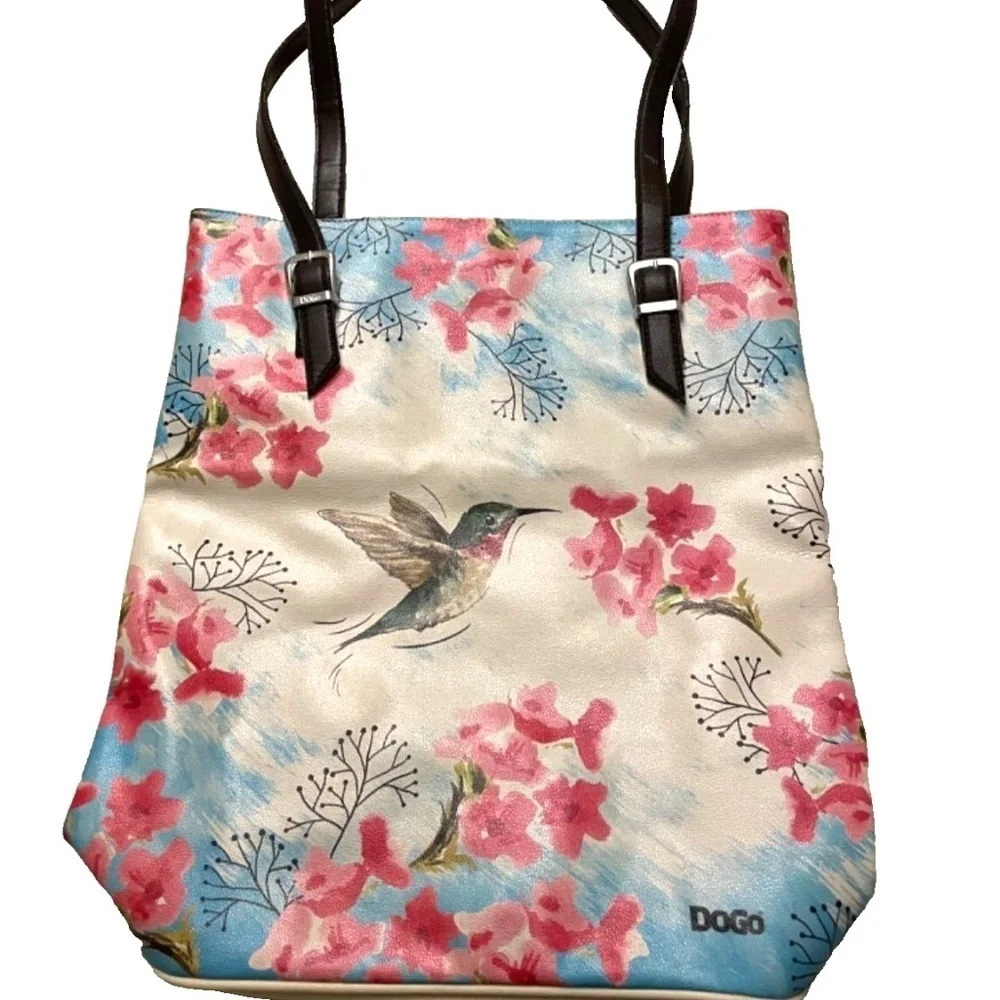 DOGO Vegan Leather Tote Bag; Hummingbird/Cherry‎ Blossoms; long straps